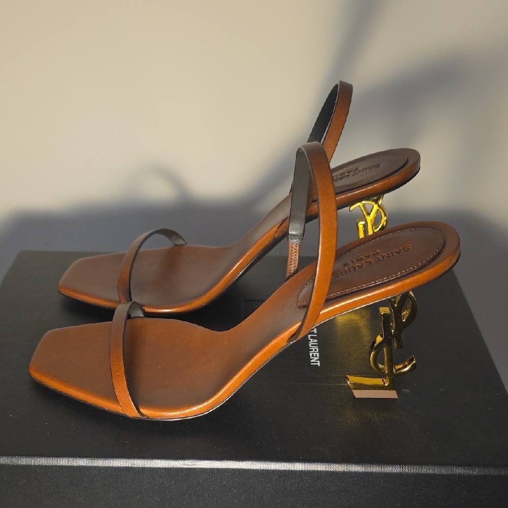 Saint Laurent Brown Leather YSL Logo Heel Sandal - Picture 2 of 8